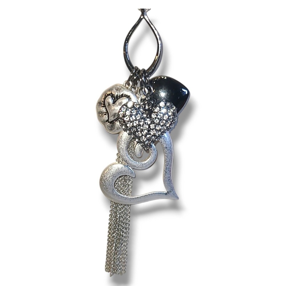Silver Tone Heart Charm Trinket Pendant Necklace 32"-35" - Picture 6 of 8